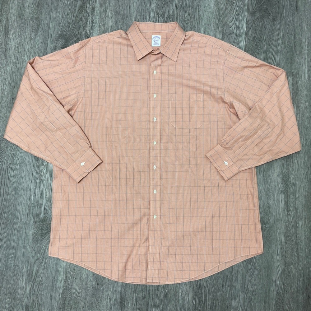 Brooks Brothers Dress Shirt Mens 18.5 37 Orange Check Non-Iron Supima Cotton